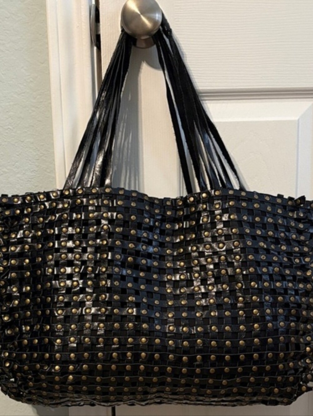 Deux Lux Black Woven Tote with Gold Studs